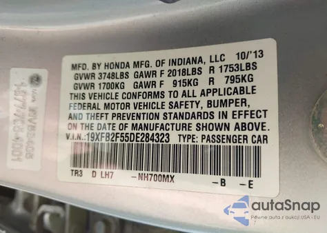 2013 Honda Civic Lx z USA, uszkodzony, nr VIN 19XFB2F55DE284323